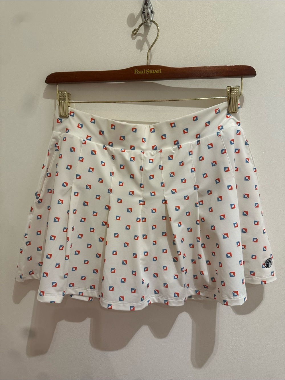 Tory Burch White Mini Skirt with Red & Blue Geo Motif